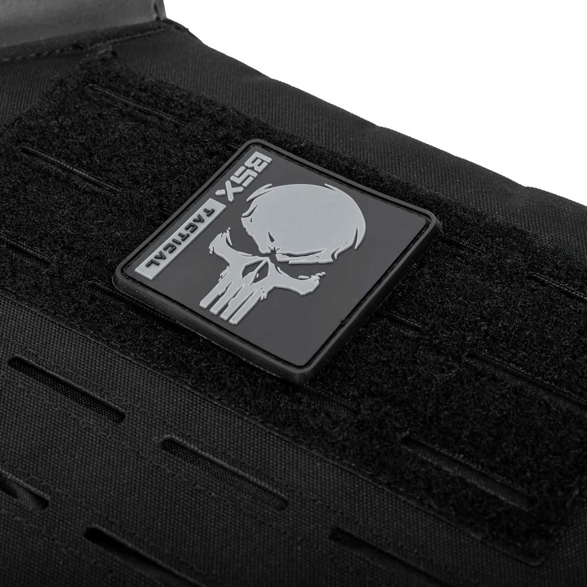 Patch area of black HK Army BSX Skull Plate Carrier for molle attachments for airsoft and paintball, shown on a white background