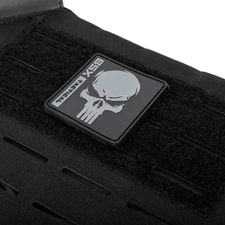 Patch area of black HK Army BSX Skull Plate Carrier for molle attachments for airsoft and paintball, shown on a white background