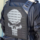 Person wearing a black HK Army BSX Skull Plate Carrier for molle attachments for airsoft and paintball, shown from the back