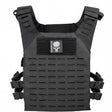 Front of black HK Army BSX Skull Plate Carrier for molle attachments for airsoft and paintball, shown on a white background
