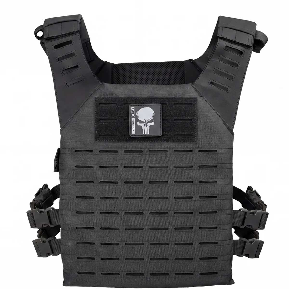 Front of black HK Army BSX Skull Plate Carrier for molle attachments for airsoft and paintball, shown on a white background