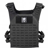 Front of black HK Army BSX Skull Plate Carrier for molle attachments for airsoft and paintball, shown on a white background