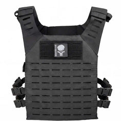 Front of black HK Army BSX Skull Plate Carrier for molle attachments for airsoft and paintball, shown on a white background