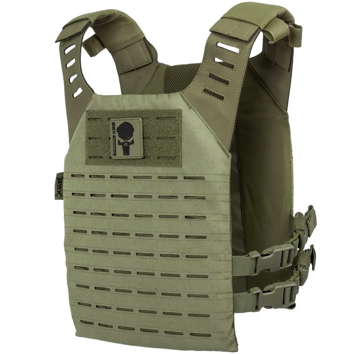 Front angle of olive green HK Army BSX Skull Plate Carrier for molle attachments for airsoft and paintball, shown on a white background