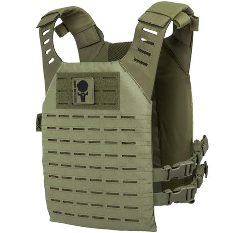 Front angle of olive green HK Army BSX Skull Plate Carrier for molle attachments for airsoft and paintball, shown on a white background