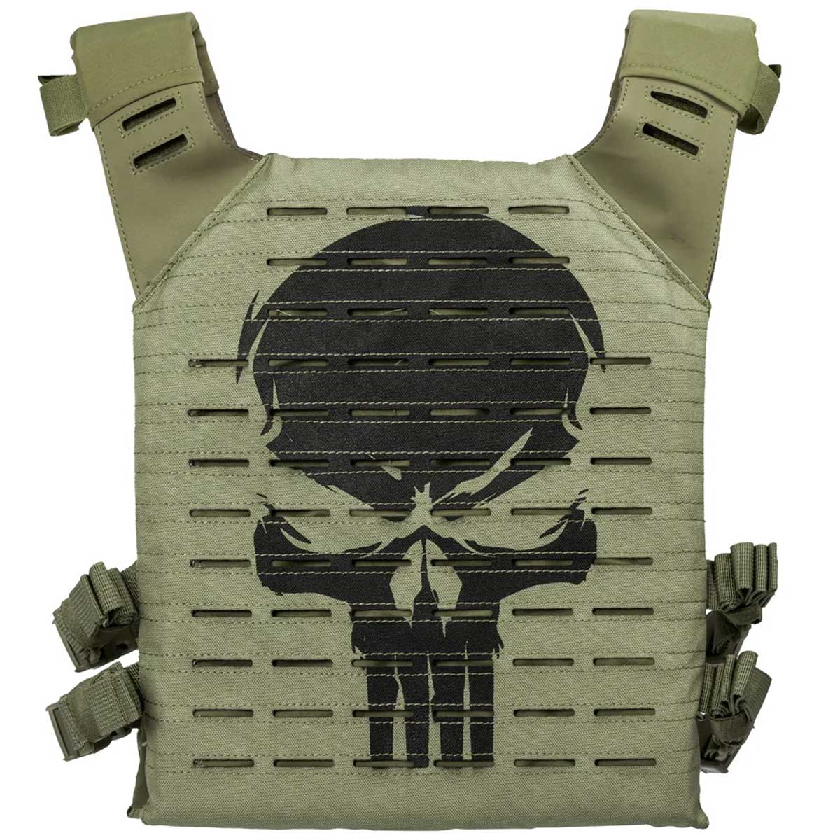 Back of of olive green HK Army BSX Skull Plate Carrier for molle attachments for airsoft and paintball, shown on a white background