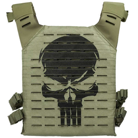 Back of of olive green HK Army BSX Skull Plate Carrier for molle attachments for airsoft and paintball, shown on a white background