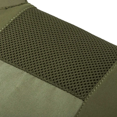 Breathable mesh close up of olive green HK Army BSX Skull Plate Carrier for molle attachments for airsoft and paintball, shown on a white background