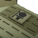 Should patch close up of olive green HK Army BSX Skull Plate Carrier for molle attachments for airsoft and paintball, shown on a white background