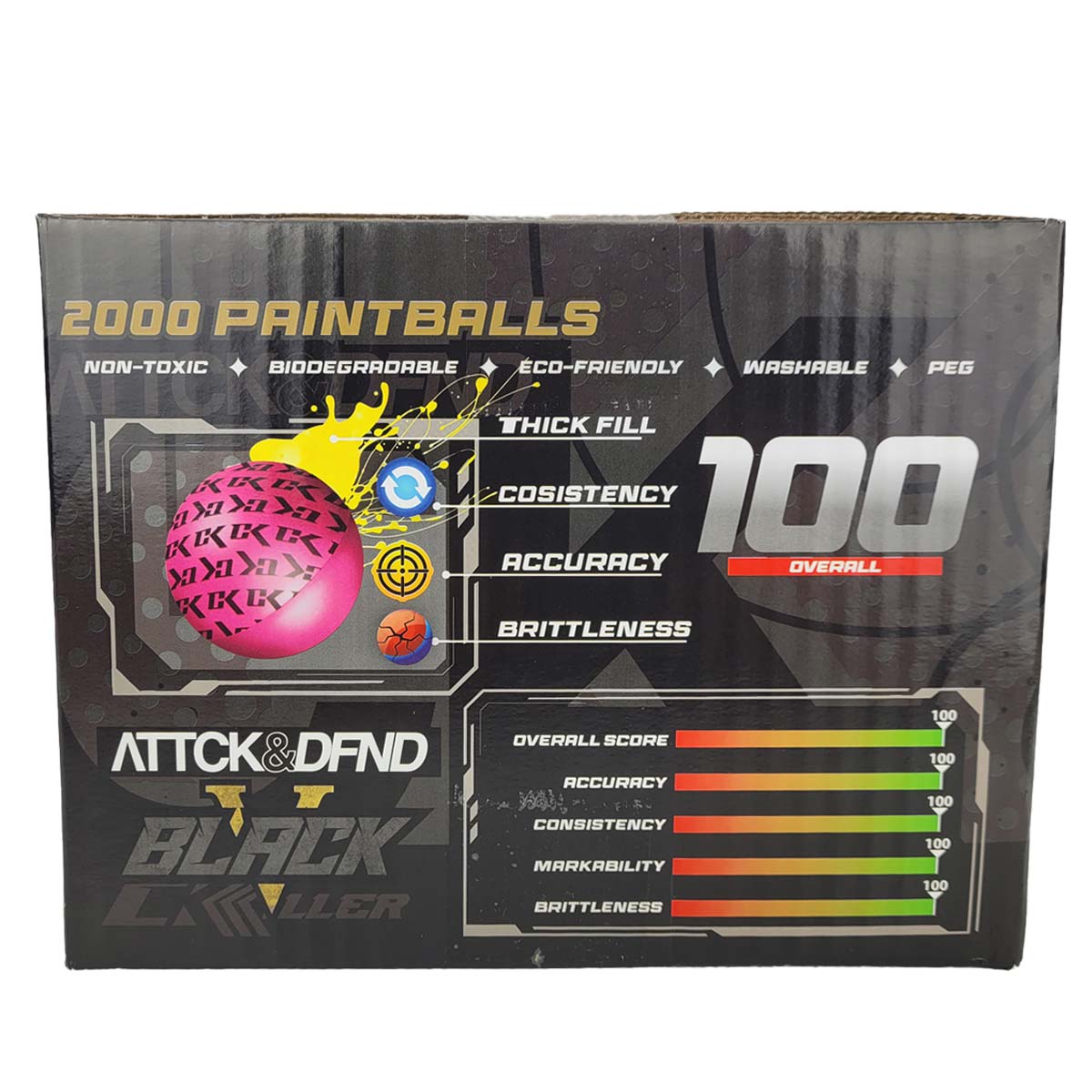 Side panel black cardboard box of CK Black C Killer Paintballs 2000 Rounds .68 Caliber featuring bold gray and yellow branding on a white background.