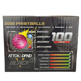 Side panel black cardboard box of CK Black C Killer Paintballs 2000 Rounds .68 Caliber featuring bold gray and yellow branding on a white background.