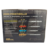 Alternate side panel black cardboard box of CK Black C Killer Paintballs 2000 Rounds .68 Caliber featuring bold gray and yellow branding on a white background.