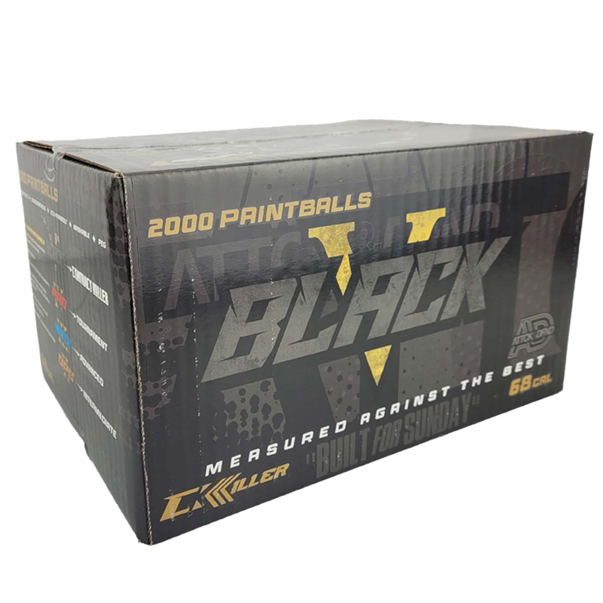A black cardboard box of CK Black C Killer Paintballs 2000 Rounds .68 Caliber featuring bold gray and yellow branding on a white background.