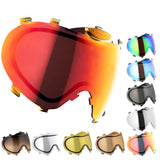 Array of Dye i3 Pro paintball goggle lens in 10 colors on a white background