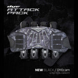 A black and gray camouflage Dye Attack Pack Pro Paintball Harness Black Dye Cam graphic against a black background.