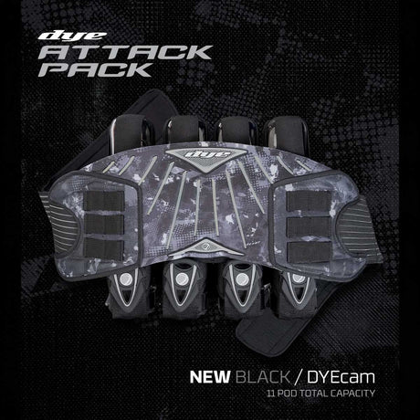 A black and gray camouflage Dye Attack Pack Pro Paintball Harness Black Dye Cam graphic against a black background.