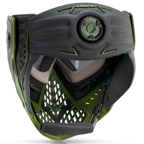Back of the green and black Dye I5 Paintball Goggle Mask Tactical Olive featuring the GSA strap on a white background.