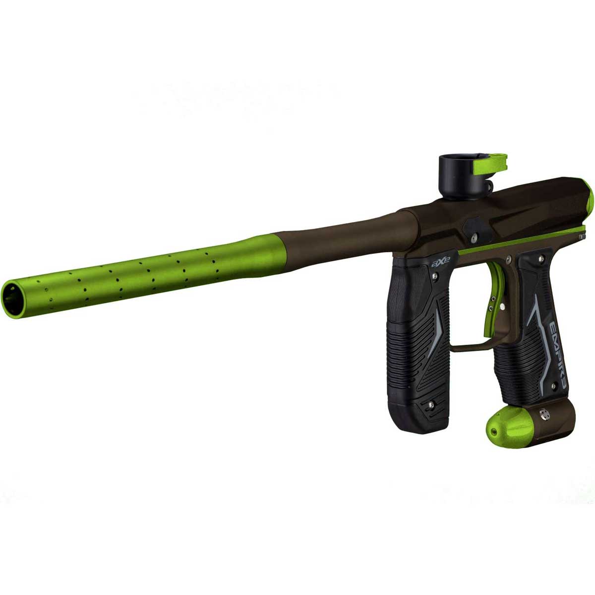 Left front angle Empire Axe 2.0 Paintball Marker Dust Brown Dust Green against a white background.