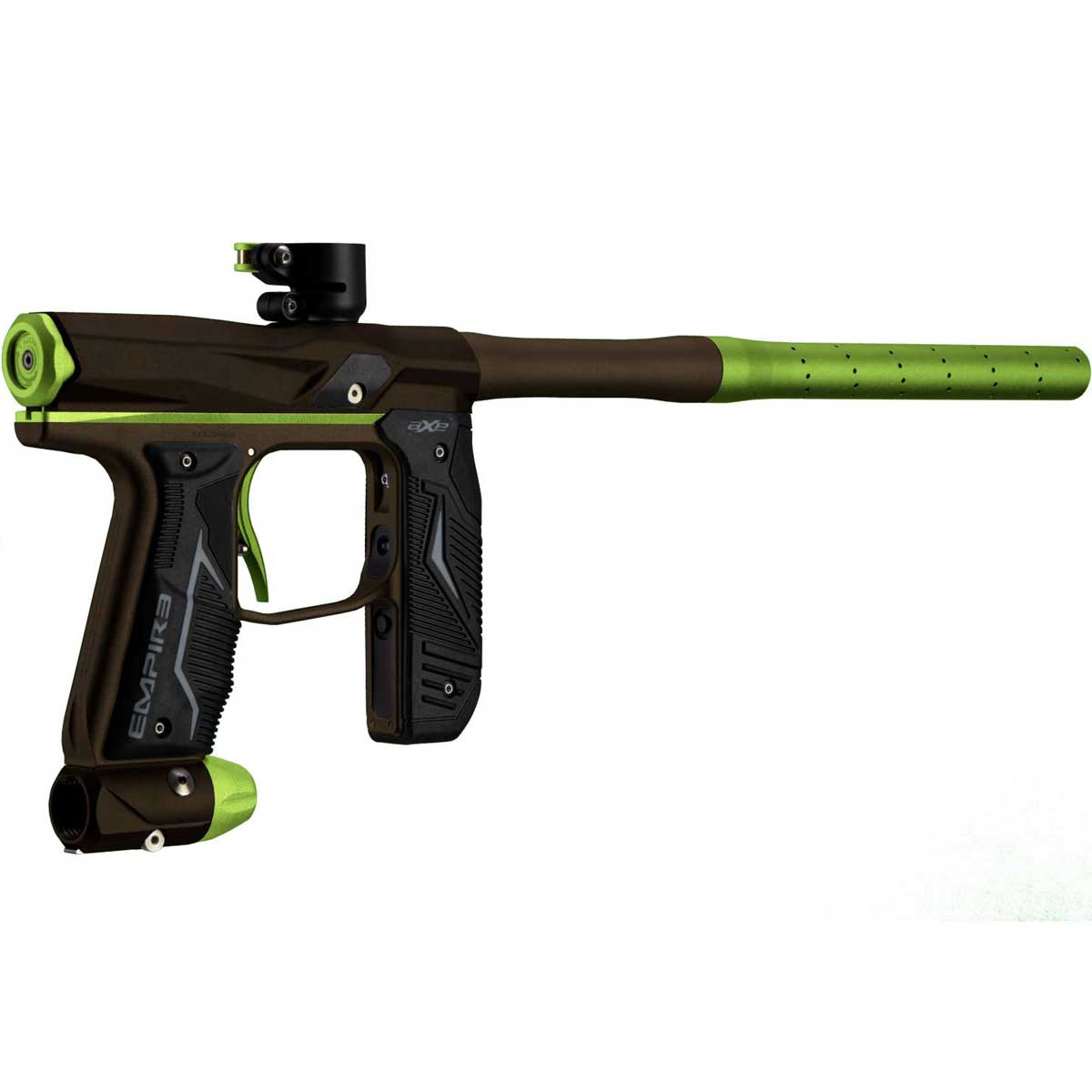 Right back angle Empire Axe 2.0 Paintball Marker Dust Brown Dust Green against a white background.