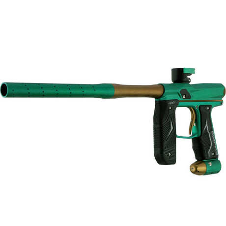 Front left side angle of an Empire Axe 2.0 Teal Bronze Paintball gun Empire branding on a white background
