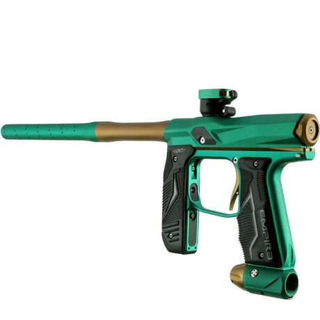 Back left side angle of an Empire Axe 2.0 Teal Bronze Paintball gun Empire branding on a white background