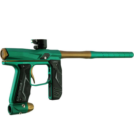 Back right side angle of an Empire Axe 2.0 Teal Bronze Paintball gun Empire branding on a white background