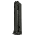 Black spring loaded First Strike XP paintball pistol 6 Round Magazine for round paintballs and FSR shaped rounds, on a white background.