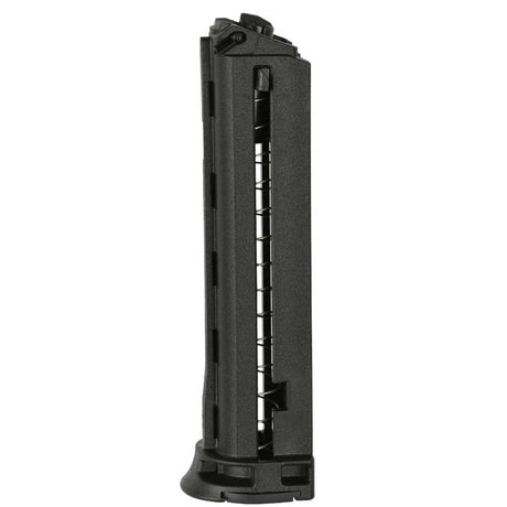 Black spring loaded First Strike XP paintball pistol 6 Round Magazine for round paintballs and FSR shaped rounds, on a white background.