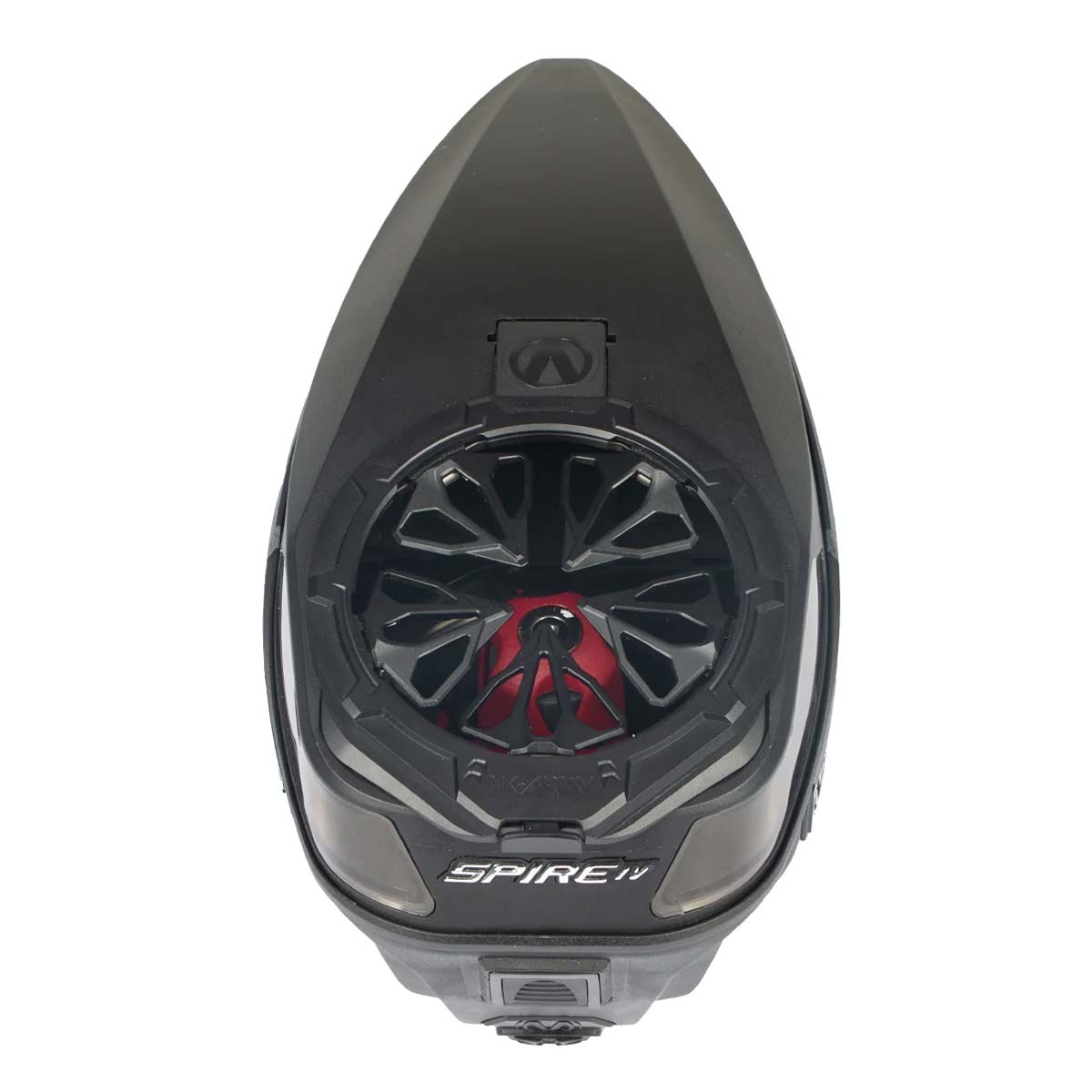 Black HK Army Evo Pro Metal Speed Feed for Virtue and Bunkerkings paintball loader hopper on a closed hopper