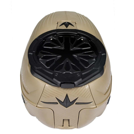 Black HK Army Evo Pro Metal Speed Feed for Virtue and Bunkerkings paintball loader hopper on a closed tan hopper