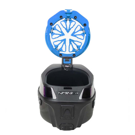 Blue HK Army Evo Pro Metal Speed Feed for Virtue and Bunkerkings paintball loader hopper on a open hopper.