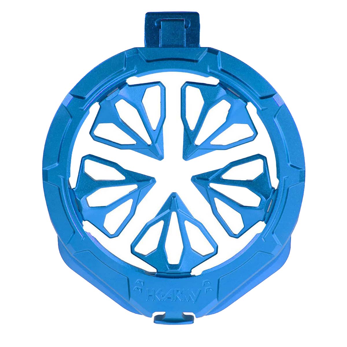 Blue HK Army Evo Pro Metal Speed Feed for Virtue and Bunkerkings paintball loader hopper on a white background.