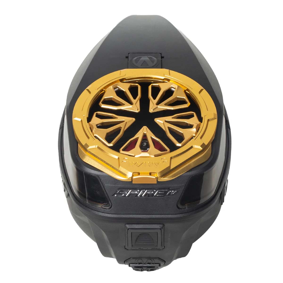 Yellow Gold HK Army Evo Pro Metal Speed Feed for Virtue and Bunkerkings paintball loader hopper on a Virtue loader.