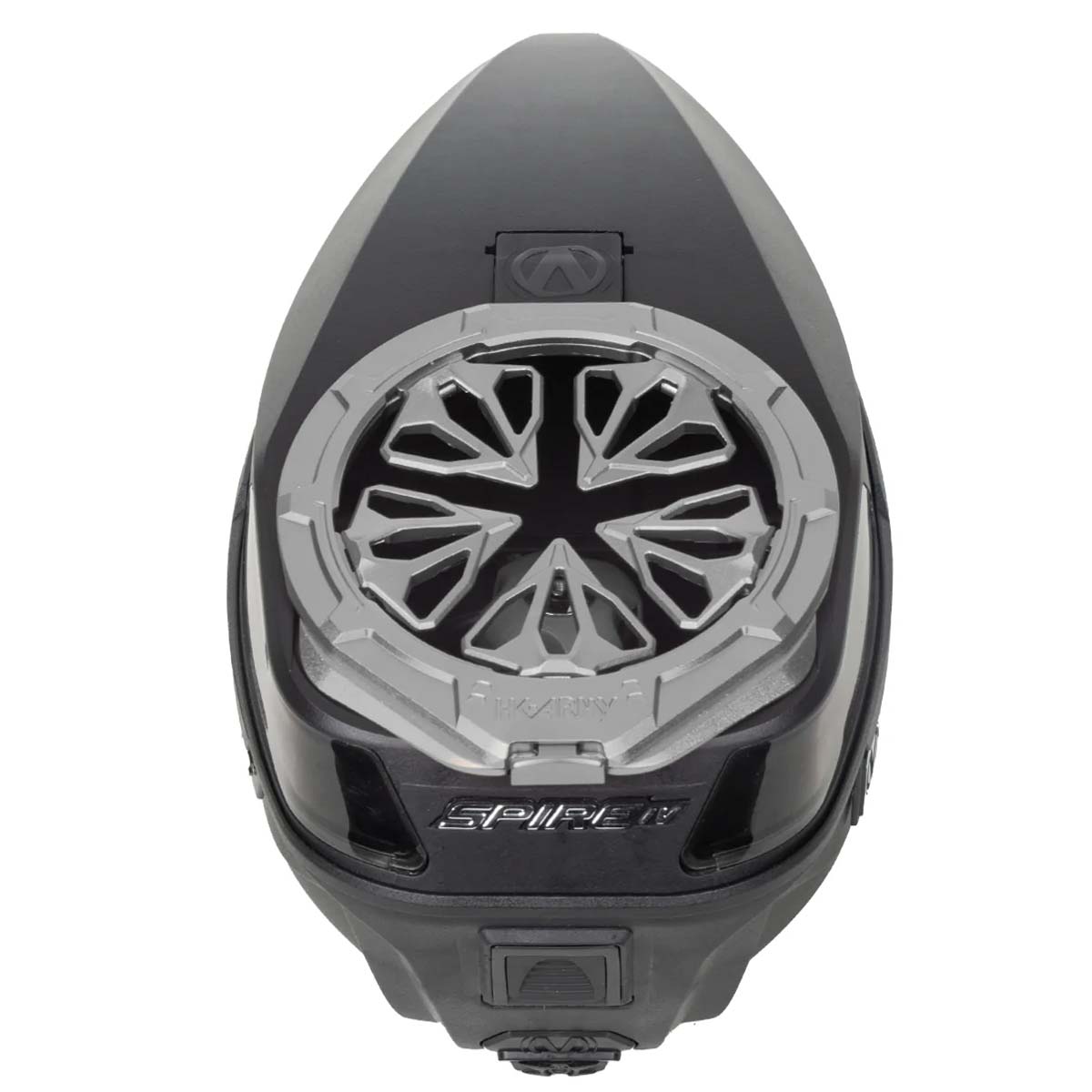Grey Pewter HK Army Evo Pro Metal Speed Feed for Virtue and Bunkerkings paintball loader hopper on a closed Spire loader.