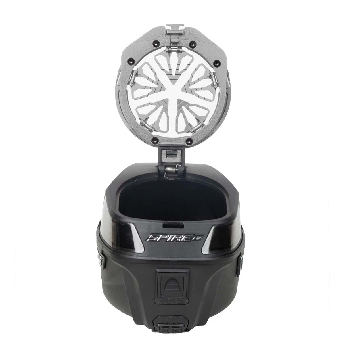Grey Pewter HK Army Evo Pro Metal Speed Feed for Virtue and Bunkerkings paintball loader hopper on an open Spire loader.