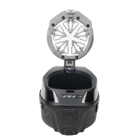 Grey Pewter HK Army Evo Pro Metal Speed Feed for Virtue and Bunkerkings paintball loader hopper on an open Spire loader.