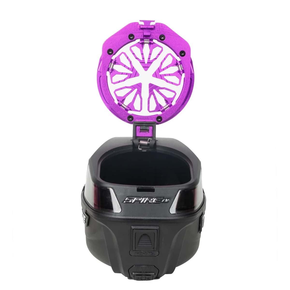 Purple HK Army Evo Pro Metal Speed Feed for Virtue and Bunkerkings paintball loader hopper on an open Spire loader.