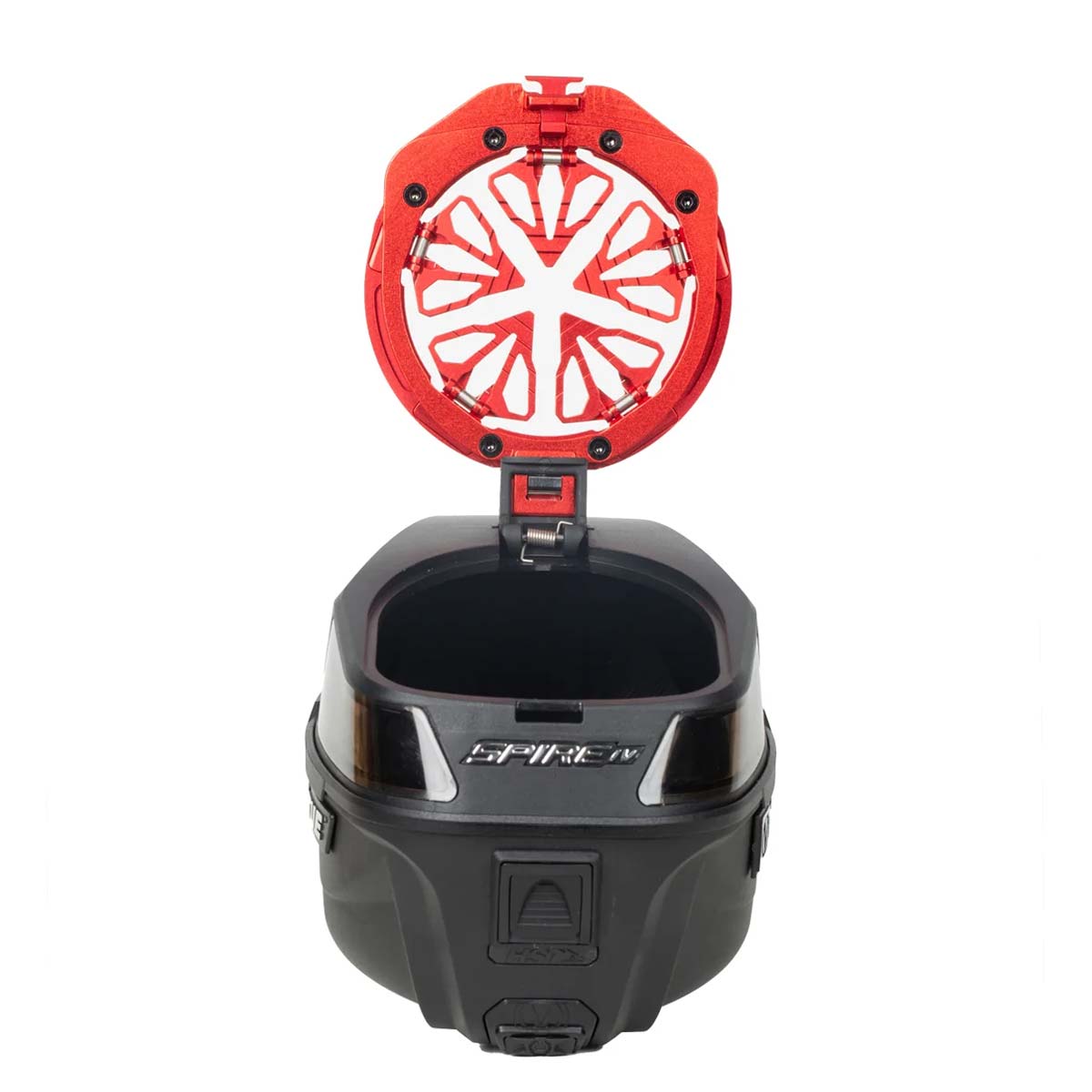 Red HK Army Evo Pro Metal Speed Feed for Virtue and Bunkerkings paintball loader hopper on an open Virtue loader.