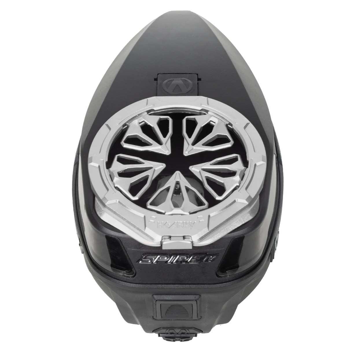 Silver HK Army Evo Pro Metal Speed Feed for Virtue and Bunkerkings paintball loader hopper on a Spire loader.