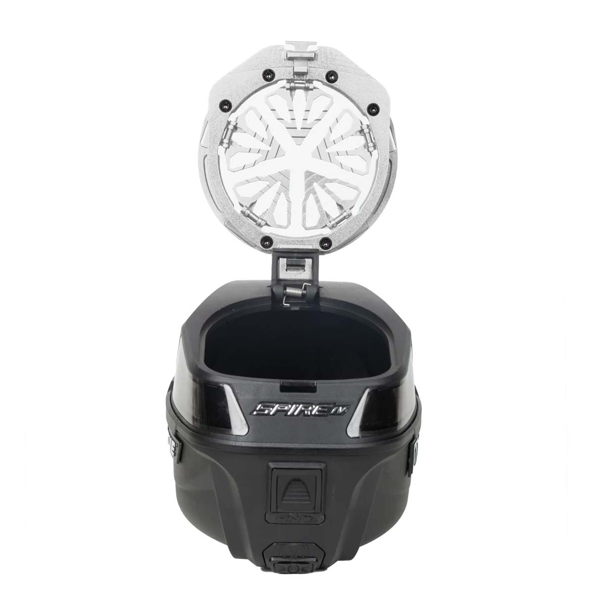 Silver HK Army Evo Pro Metal Speed Feed for Virtue and Bunkerkings paintball loader hopper on an open Spire loader.