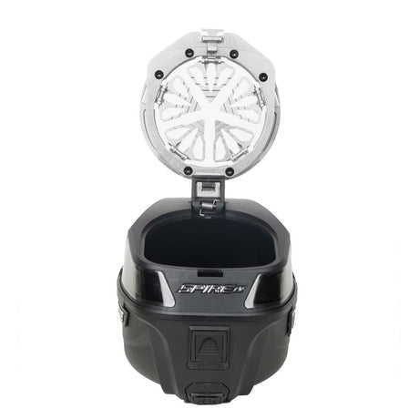 Silver HK Army Evo Pro Metal Speed Feed for Virtue and Bunkerkings paintball loader hopper on an open Spire loader.
