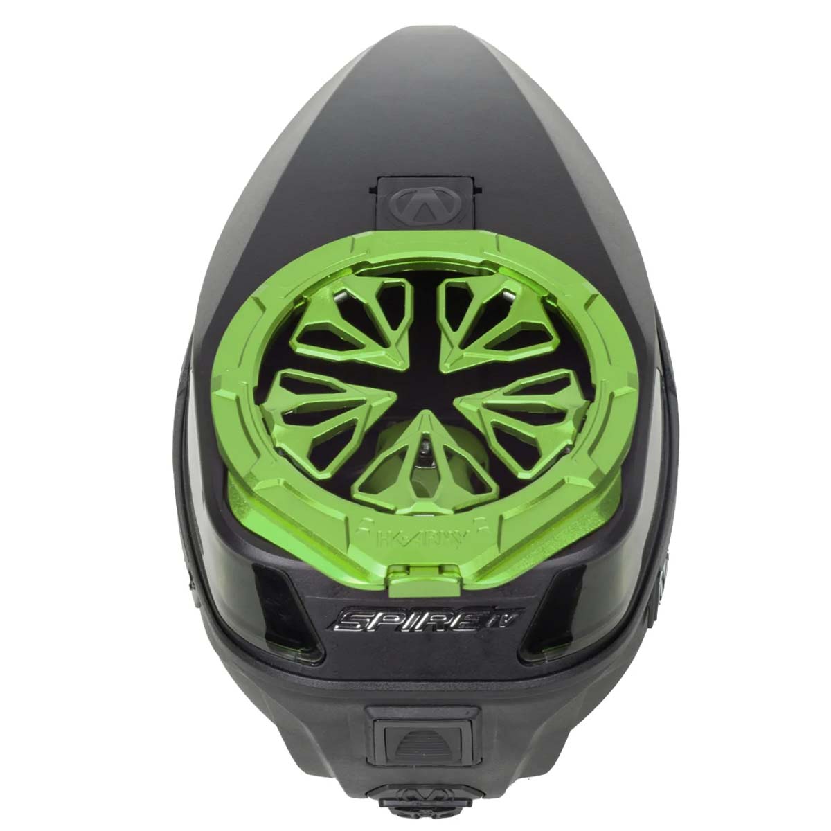 Neon lime green HK Army Evo Pro Metal Speed Feed for Virtue and Bunkerkings paintball loader hopper on a Virtue hopper.