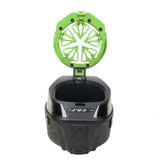 Neon lime green HK Army Evo Pro Metal Speed Feed for Virtue and Bunkerkings paintball loader hopper on an open Virtue hopper.
