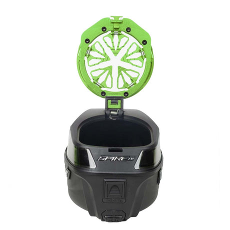 Neon lime green HK Army Evo Pro Metal Speed Feed for Virtue and Bunkerkings paintball loader hopper on an open Virtue hopper.