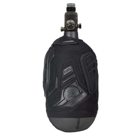 Logo side view Black HK Army Hardline Armored padded neoprene Tank Cover with zipper and velcro for 4500 psi air system.