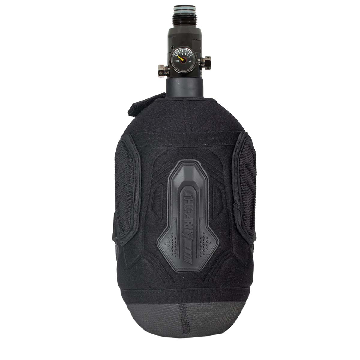 Front view Black HK Army Hardline Armored padded neoprene Tank Cover with zipper and velcro for 4500 psi air system.