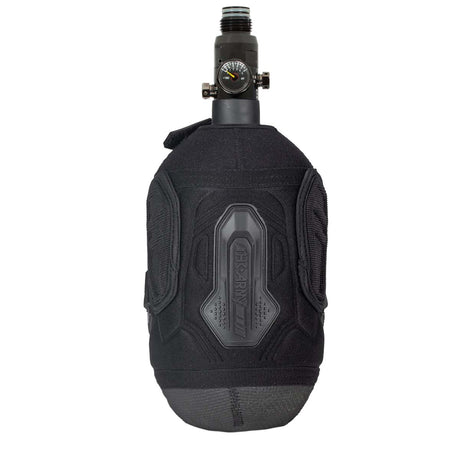 Front view Black HK Army Hardline Armored padded neoprene Tank Cover with zipper and velcro for 4500 psi air system.