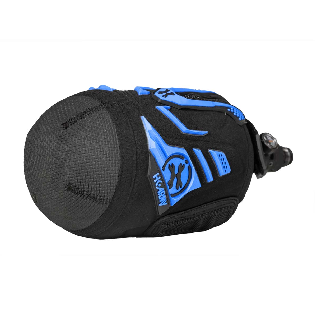 Bottom view Colbalt Blue and Black HK Army Hardline Armored padded neoprene Tank Cover with zipper and velcro for 4500 psi air system.