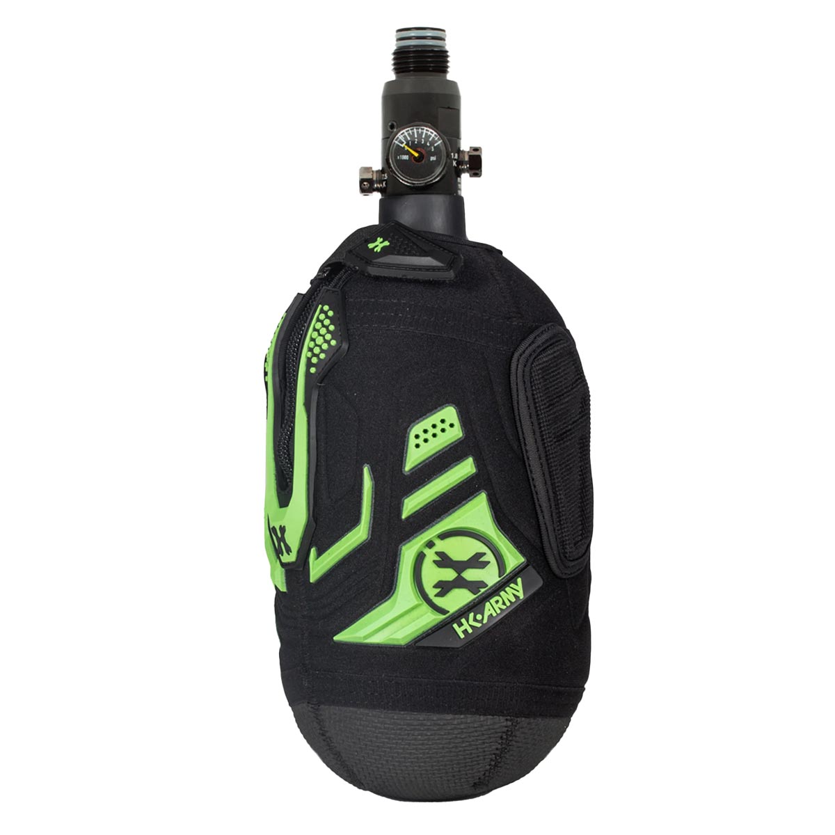Side Energy Green and Black HK Army Hardline Armored padded neoprene Tank Cover with zipper and velcro for 4500 psi air system.