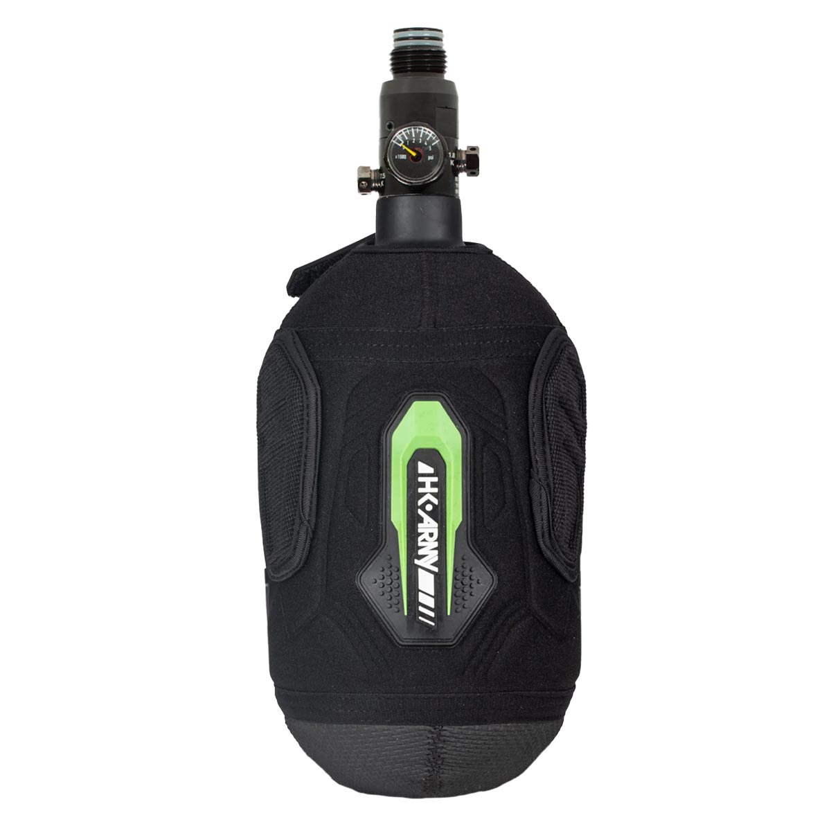 Logo Energy Green and Black HK Army Hardline Armored padded neoprene Tank Cover with zipper and velcro for 4500 psi air system.